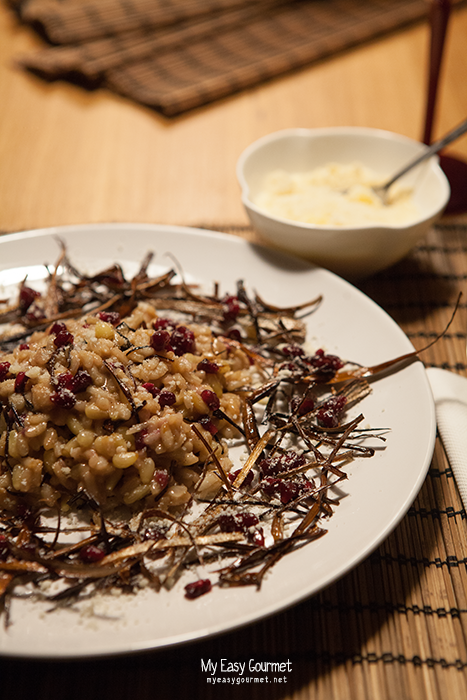 Crispy leek risotto with pine nuts and pomegranate