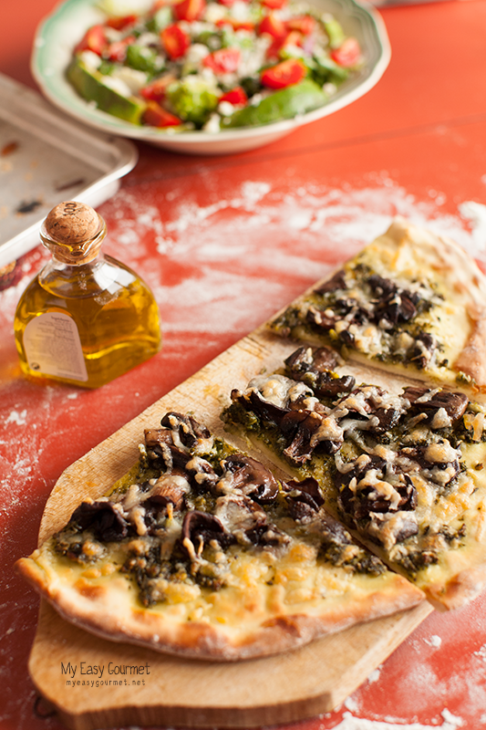 Pesto Pizza with Porcini and Haloumi cheese