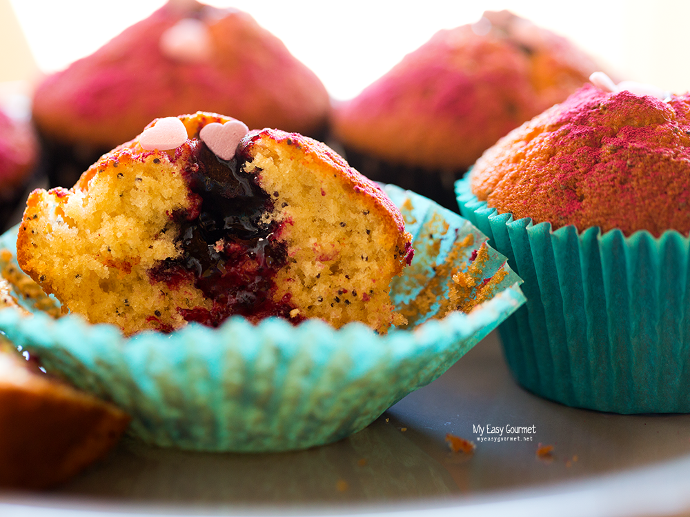 Lemon Poppy Seed Muffins poked with Blueberry jam