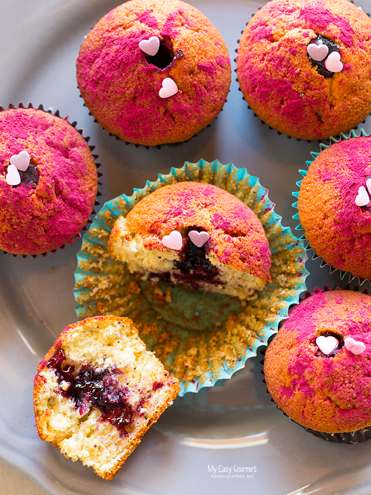 Lemon Poppy Seed Muffins poked with Blueberry jam