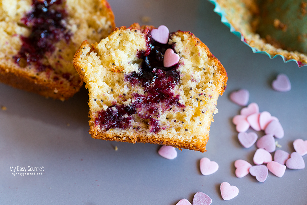 Lemon Poppy Seed Muffins poked with Blueberry jam