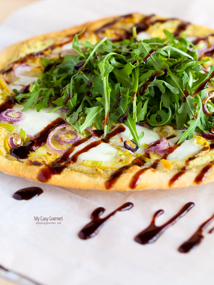 Pesto Ricotta Pizza with Potatoes, Leek, Red Onion and Fig flavoured Balsamic Cream