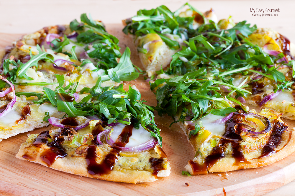 Pesto Ricotta Pizza with Potatoes, Leek, Red Onion and Fig flavoured Balsamic Cream